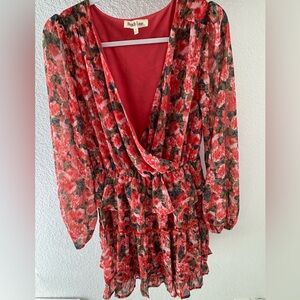 Peach Love California Floral Orange/Green/Blue Long Sleeve Mini Dress SZ M